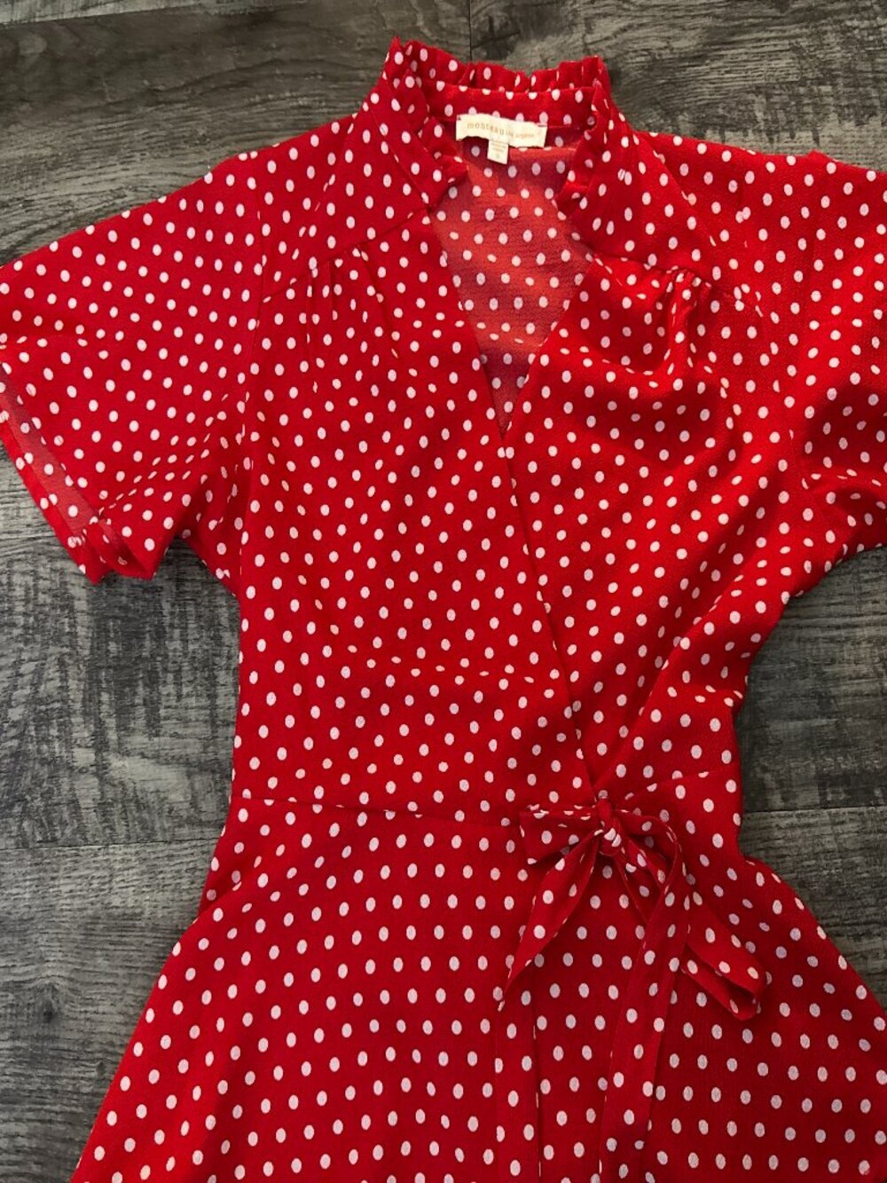 Monteau LA Red Polka Dot Wrap Dress Small Retro Midi Tie Waist - Picture 2 of 7